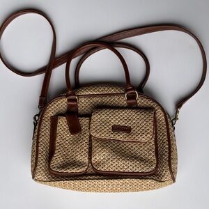 Rosetti Tan Woven Satchel with Brown Trim and Dual Straps